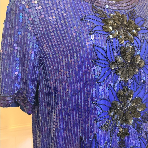 Royal Feelings Blue Hand Beaded Sequin Embellished Silk Top - Picture 5 of 7
